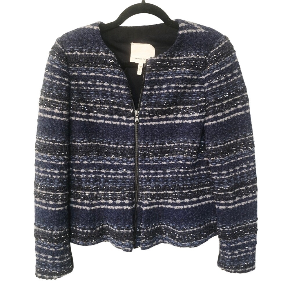 Rebecca Taylor Navy Blue Metallic Tweed Zip Up Peplum Jacket Size 8